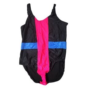 Danskin Plus Activewear Black Pink‎ Blue Color Block One Piece Swimsuit Size 4X